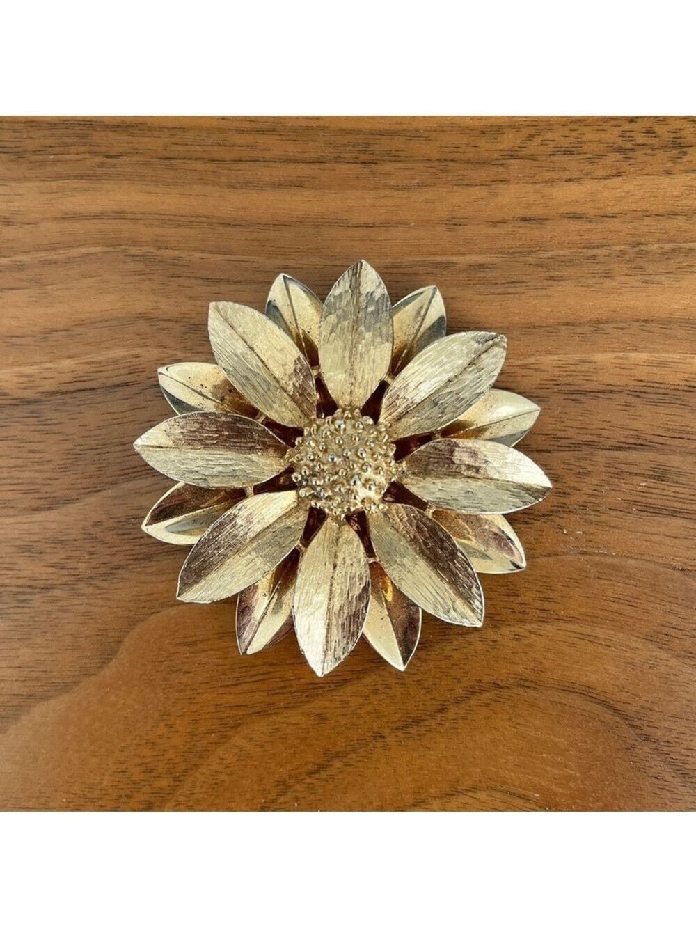 SARAH COVENTRY Canada Vintage Signed Brushed Gold Tone Metal Flower Brooch